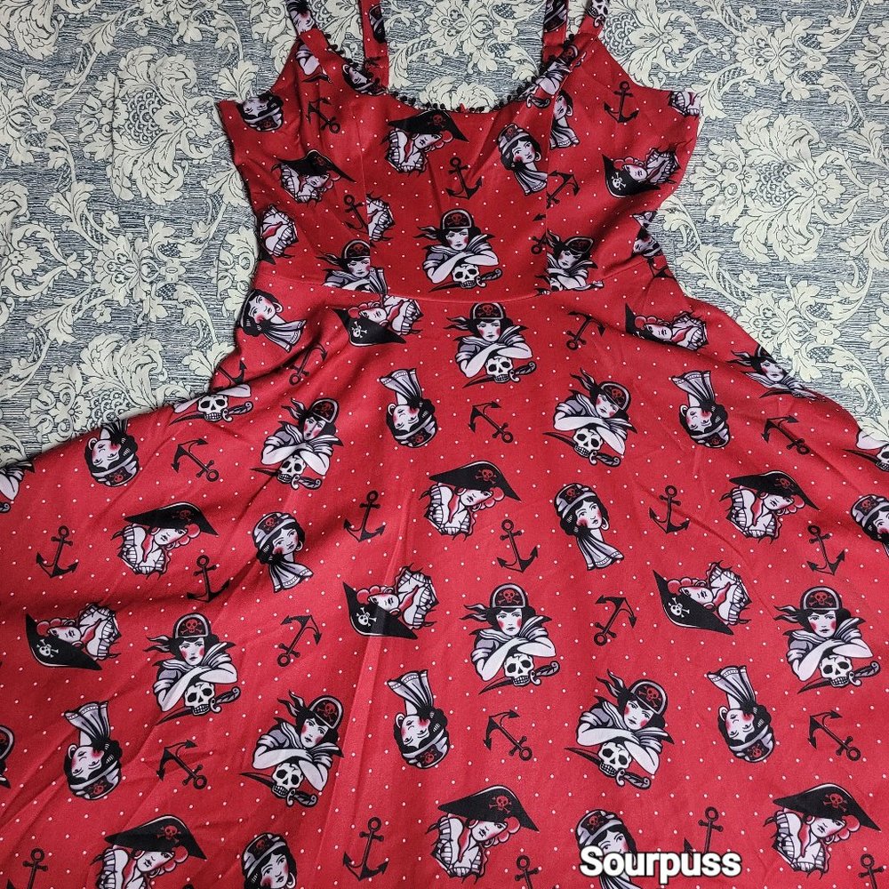 Sourpuss Pirate Dot Dress Large Red